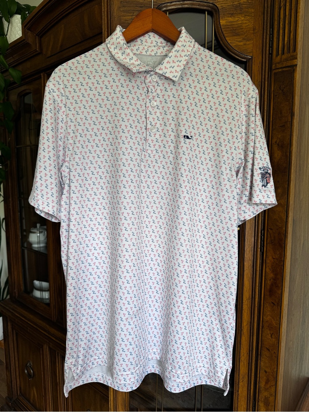 Vineyard Vines White Polo with Pink & Blue Microprint